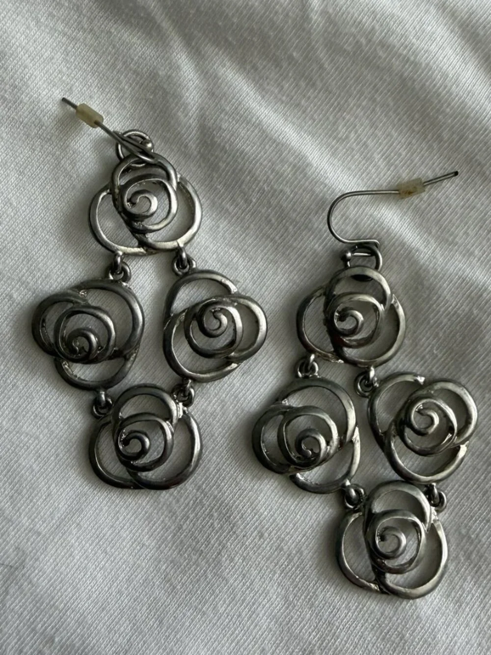 Silver Tone Rose Cluster Chandelier Drop Earrings